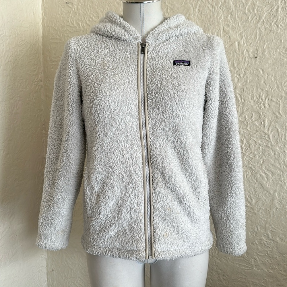 Patagonia Girls Los Gatos White Furry Hooded Jacket Kids XL 14